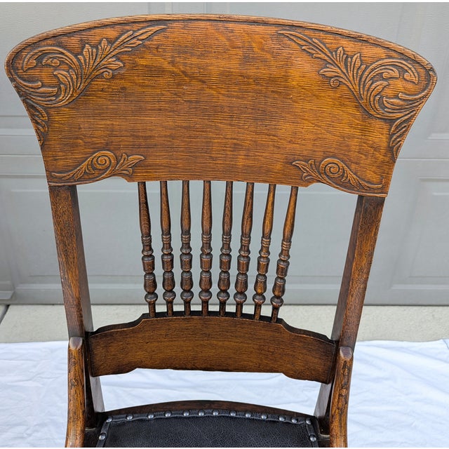 Late 19th Century Victorian Pressed Back Oak Dining Chairs Leather Seats Spindle Back For Sale - Image 4 of 18