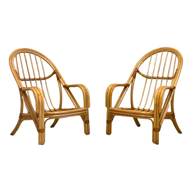 Set of Bamboo & Leather Armchairs, 1980s For Sale