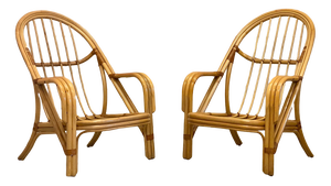 Set of Bamboo & Leather Armchairs, 1980s