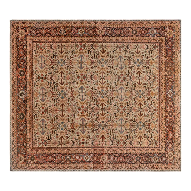 Antique Persian Sultanabad Beige, Blue, Brown and Orange Handmade Wool Rug For Sale