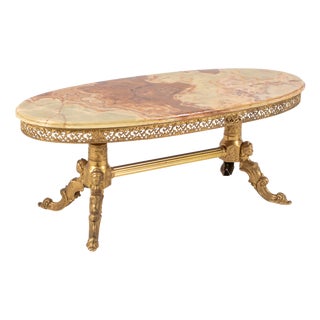 Vintage Hollywood Regency Oval Onyx Coffee Table with Gilt Brass Base, France, 1960s For Sale