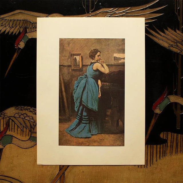 Portraiture 1940s After Camille Corot "The Woman in Blue" First Edition Swiss Offset Lithograph For Sale - Image 3 of 9