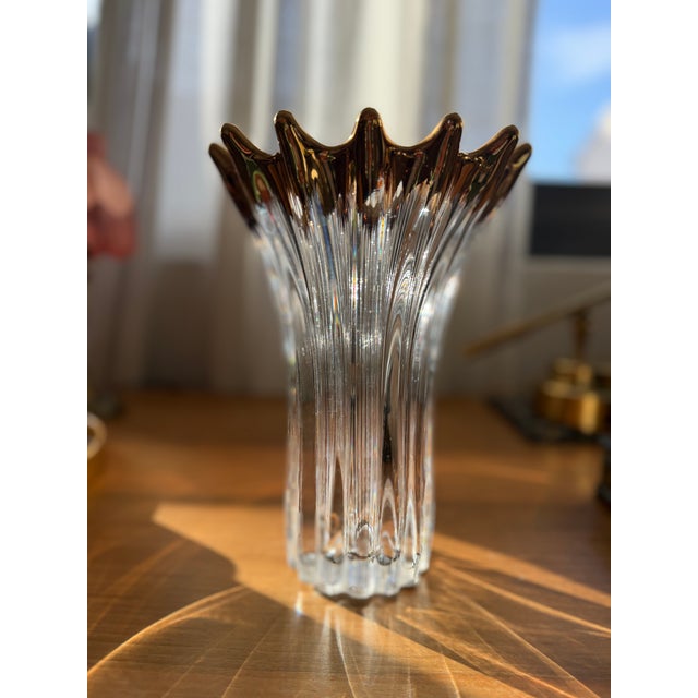 Mid-Century Crown-Rim Crystal Vase, Europe, 1960s–70s Hand-formed clear crystal with vertical flutes and a sculptural...