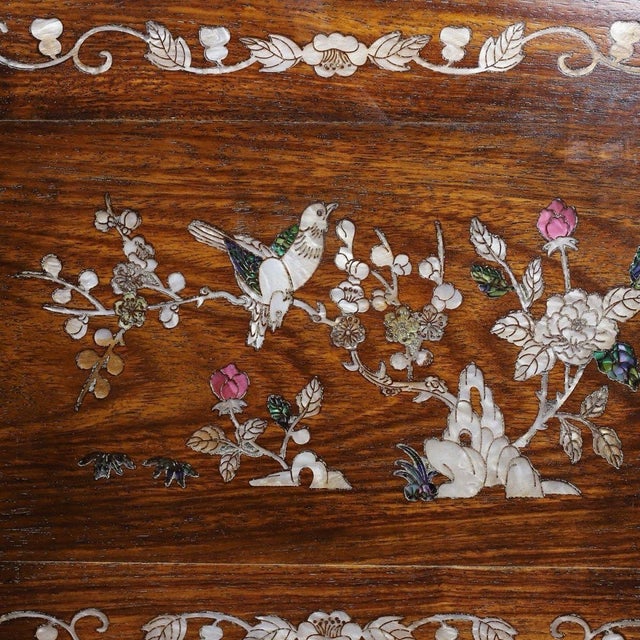 Vintage Chinese Huali Rosewood Mother-of-Pearl Inlaid "Magpie on Plum" Stool / Low Table For Sale - Image 4 of 9