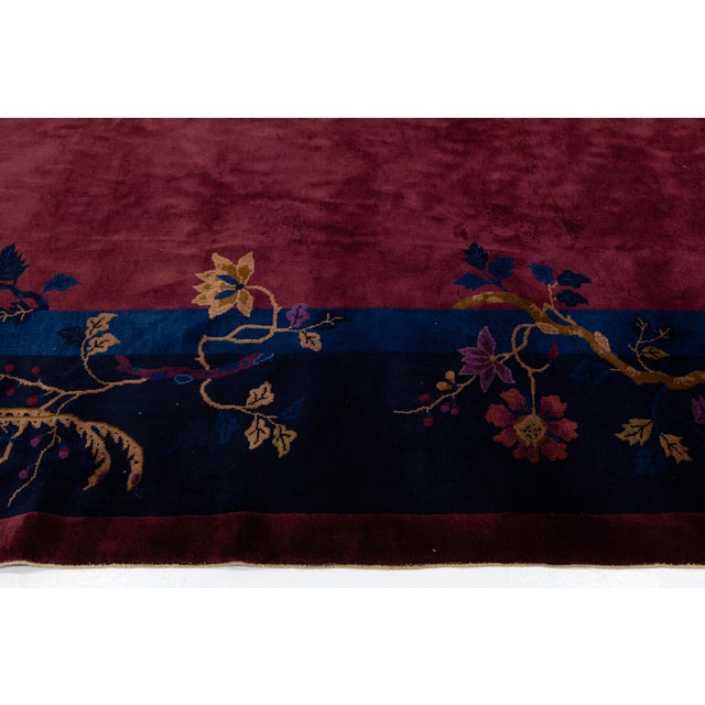 Antique Chinese Art Deco Rug in Deep Burgundy Plum With Floral & Bird Border For Sale - Image 12 of 12