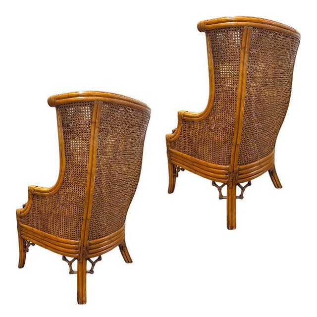 2020s Pair of Double-Caned Rattan Wing Chairs With Leopard Upholstery For Sale - Image 5 of 11