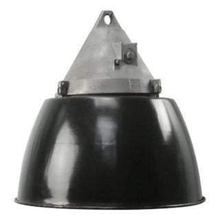 Vintage Industrial Black Enamel & Clear Glass Factory Pendant Light For Sale