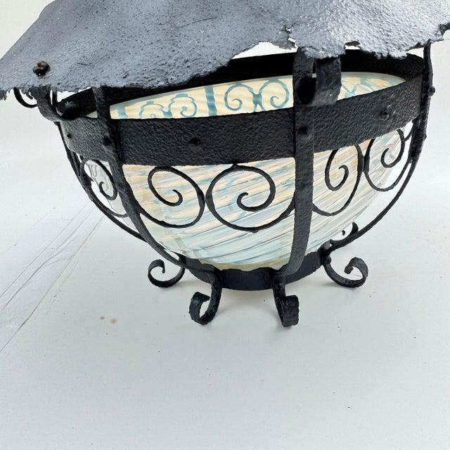Circa 1920s-1940s Hand-Forged Wrought Iron Lantern With Blue Opalescent Art Glass Shade For Sale - Image 10 of 12