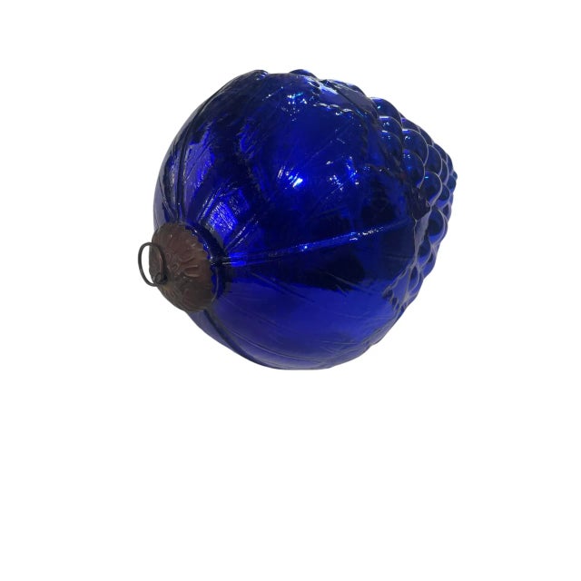 Traditional Large Vintage Cobalt Blue Glass Kugel Style Ornament With Brass Cap For Sale - Image 3 of 12