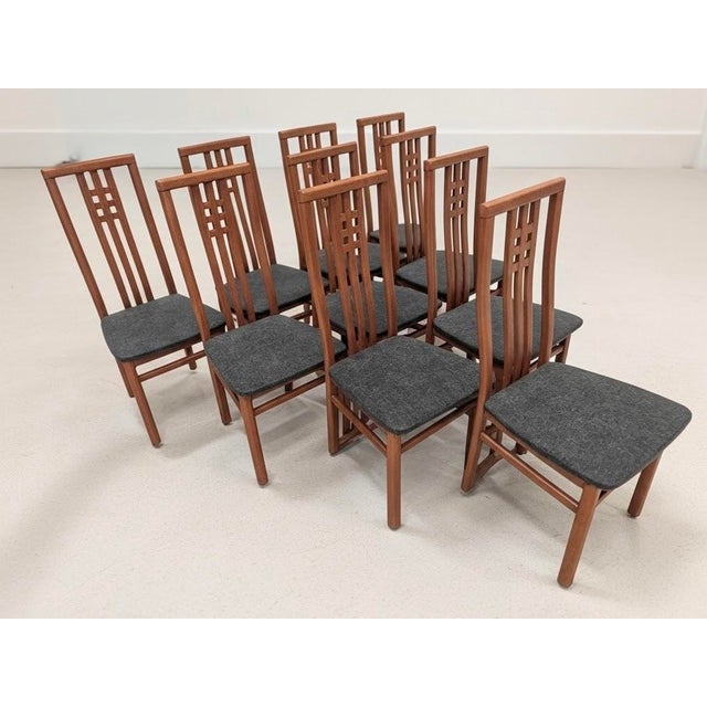 Set of 10 teak high back Italian dining chairs made in Italy by IMS SRL. The original labels are still present underneath...