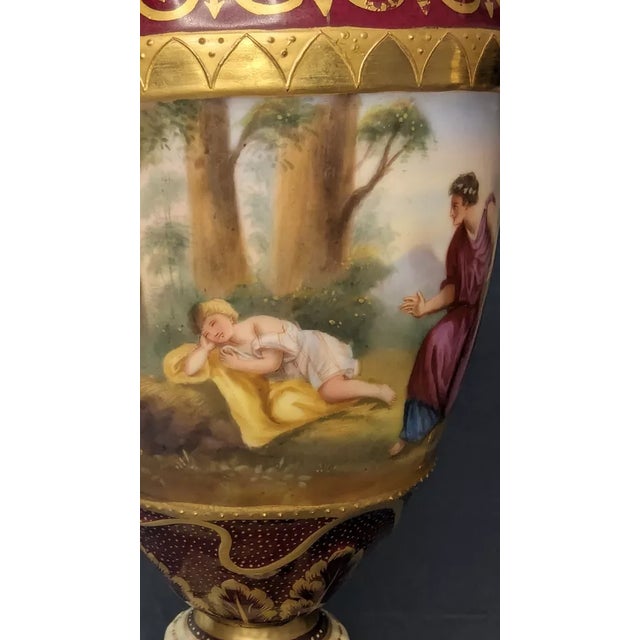 Ceramic 19thc Austrian Antique Royal Vienna Hand Painted Romantic Scene - 2 Handled 13.5" Porcelain Vase For Sale - Image 7 of 12