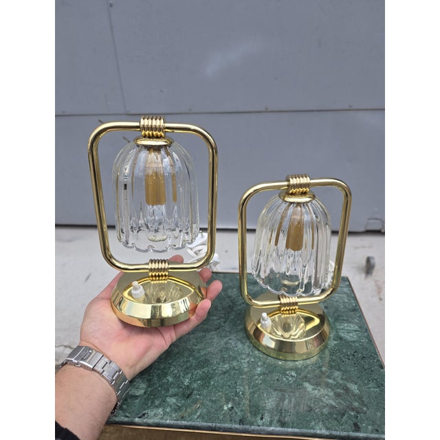 Art Deco Table Lamps in Brass and Murano Glass, 1930, Set of 2 For Sale - Image 3 of 9