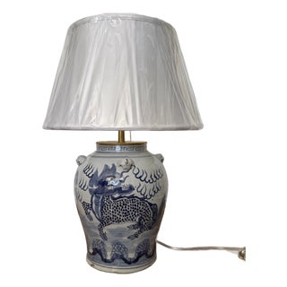 Chinoiserie Hand Painted Ceramic Ginger Jar Dragon Lamp With New Silk Shade For Sale