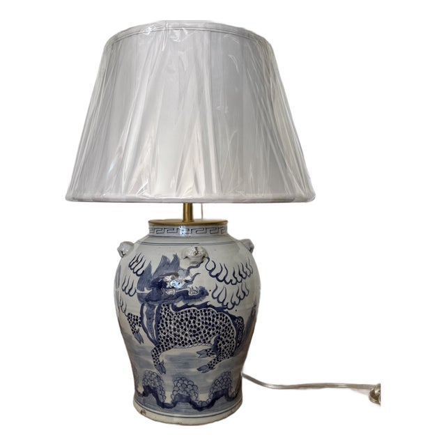 Chinoiserie Hand Painted Ceramic Ginger Jar Dragon Lamp With New Silk Shade For Sale