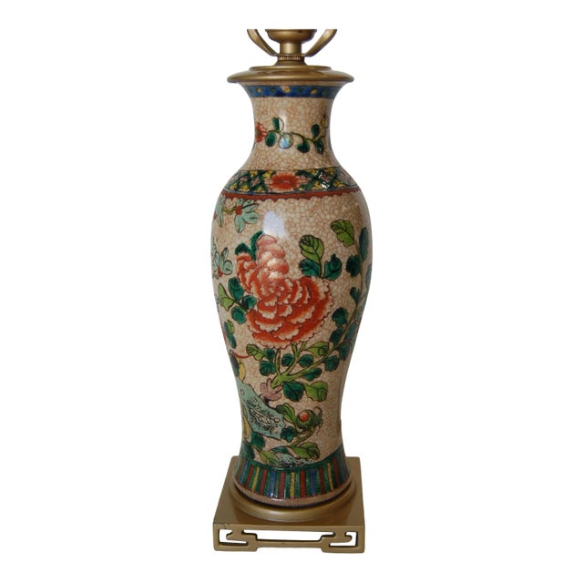 Post War Hand Painted Asian Floral Ceramic Table Lamp For Sale