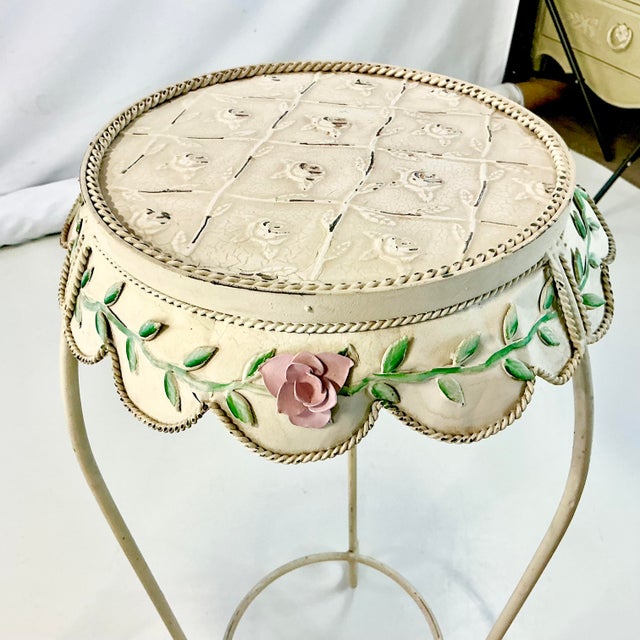 1950s Vintage French Style Boho Chic Scalloped Tole Rose Plant Stands - Set of 2 For Sale - Image 17 of 18