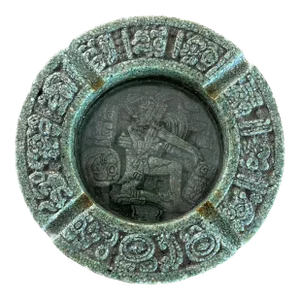 1970s Crushed Malachite Mayan Aztec Motif Round Ashtray