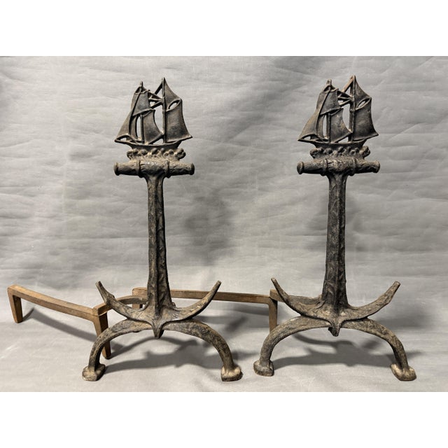 Metal Fireplace Andirons with Naval Ship and Anchor from Bradley & Hubbard, 1920s, Set of 2 For Sale - Image 7 of 10