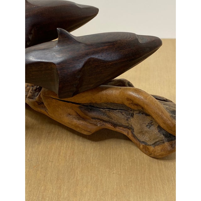 Wood Wooden Dolphins Sculptures Mounted on a Piece of Driftwood For Sale - Image 7 of 12