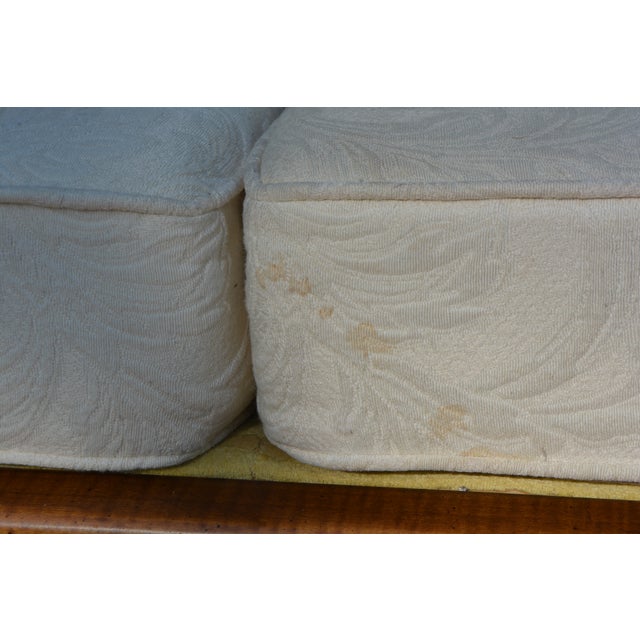 Vintage Baker Style Asian / Ming Fretwork Wooden Couch W/ White Embossed Cushions For Sale - Image 13 of 18