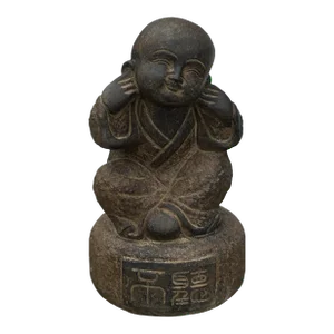 Oriental Gray Stone Little Lohon Monk Covering Ears Statue