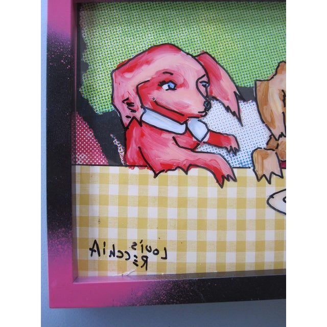 Pop Art Puppy Love by Louis Recchia | Acrylic & Collage on Plexiglas Two cartoon dogs at a table with a bone. For Sale - Image 3 of 4