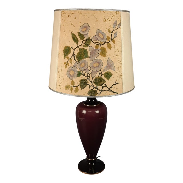 Purple Ceramic Table Lamp with Floral Fabric Lampshade, 1960s For Sale