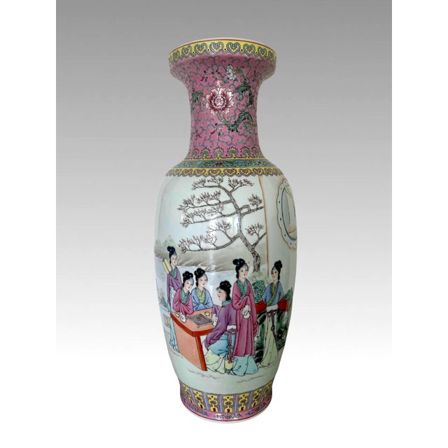 Chinoiserie Ladies in the Summer Garden, Large Chinese Qianlong Famille Rose Baluster White Porcelain Floor Vase, Republic Period, Wood Stand For Sale - Image 3 of 11