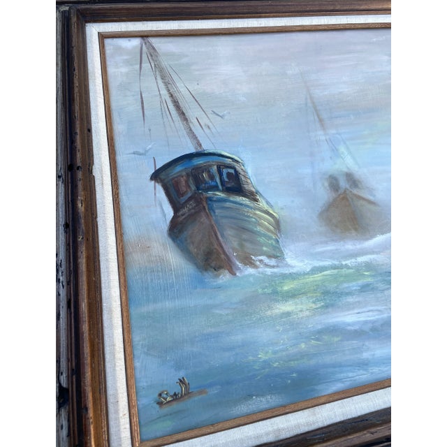 Nautical Seascape Fishing Boats Framed Vintage Oil on Board For Sale - Image 4 of 9