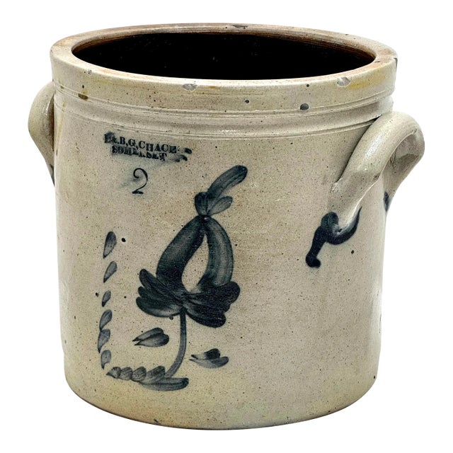 Nice Antique 1850s 2 Gallon American Blue Hand Decorated Stoneware Crock by L & B G Chace in Somerset Mass. For Sale