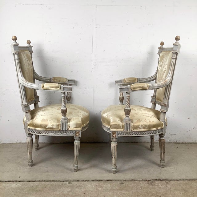 Pair of Louis XVI Style Neoclassical Armchairs For Sale - Image 4 of 12