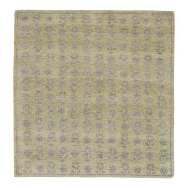 Rug & Kilim’s Block Print Square Rug with Gray, Chartreuse and Ochre Florals For Sale