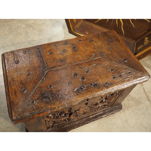 Wood 16th Century Flemish Oak Strong Box Trunk With Iron Strapwork For Sale - Image 7 of 12