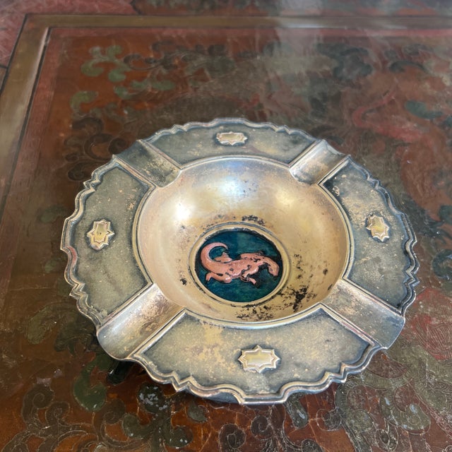 Art Deco Art Deco 1920s Oscar Bach Bronze & Blue Enameled Ashtray, Lizard For Sale - Image 3 of 5