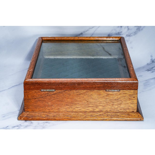 Classic Antique Oak Wood Display Case With Glass Top Velvet Lining Showcase Box For Sale - Image 12 of 14