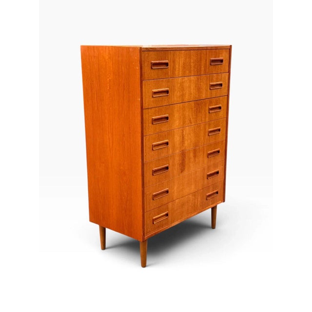 Mid-Century Modern Mid-Century Danish Modern Teak Tallboy Dresser | Chest of Drawers With Carved Pulls For Sale - Image 3 of 15