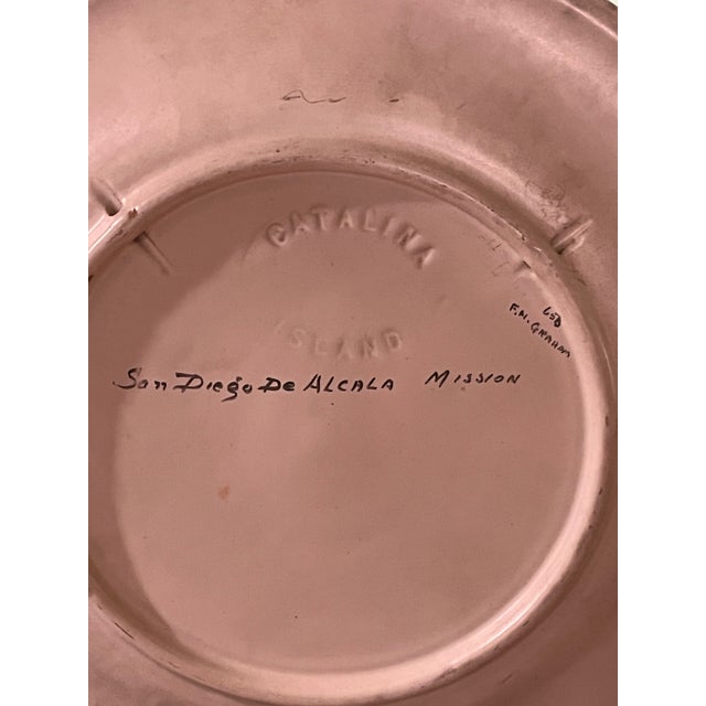 Rare vintage Catalina Island Pottery hand-painted 13-inch charger plate depicting the historic San Diego De Alcala...