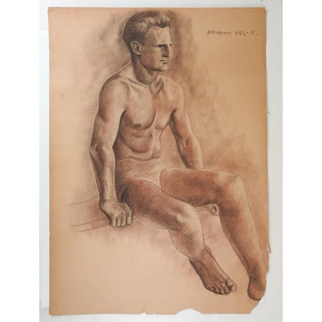 Mid-Century Modern Vintage 1950s Charles Normann Male Sepia Charcoal Drawing For Sale - Image 3 of 3