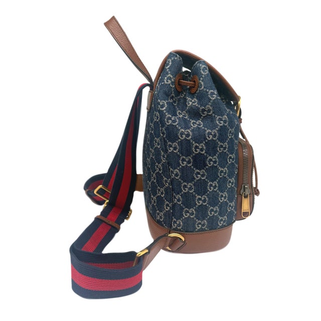 2020s Gucci Denim Gg Supreme Canvas and Brown Leather Backpack, Spring/Summer 2022. For Sale - Image 5 of 11