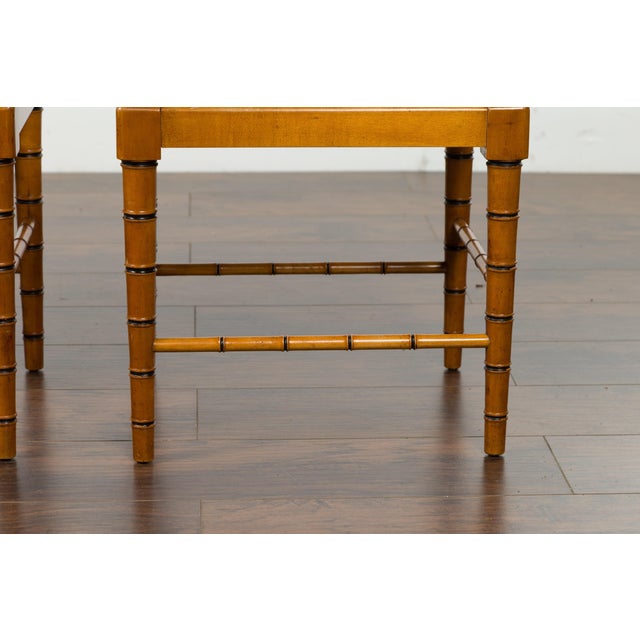 Vintage Pair of English Midcentury Faux Bamboo Walnut Stools with Rush Seats For Sale - Image 9 of 12