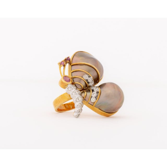 18k Rose Gold, Diamond, Ruby, and Pearl Butterfly-Form Ring For Sale In New York - Image 6 of 9