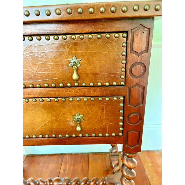 1990s Vintage John-Richard Edwardian Leather Top Barley Twist Side Table With 2 Drawers For Sale In Boston - Image 6 of 12
