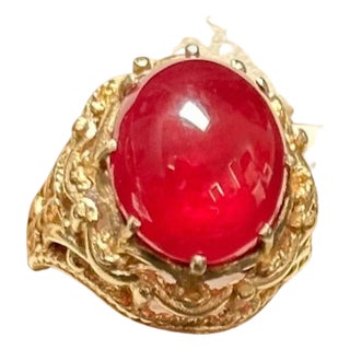 7 Carat Oval Cut Natural Pink Tourmaline Cabochon 14 Karat Yellow Gold Ring For Sale