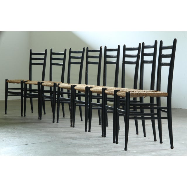 Wood Vintage Italian Papercord Black Dining Chairs with Woven Seat, 1950s, Set of 4 For Sale - Image 7 of 14