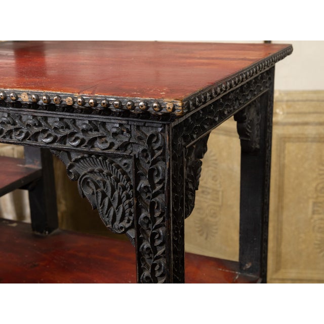 Anglo-Indian 1930s Black Painted Tiered Shelf with Carved Scrolling Foliage For Sale - Image 11 of 11