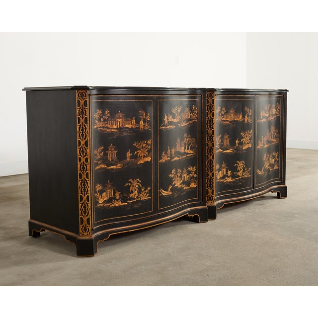 Spectacular large sideboard dresser, server, chest, or credenza featuring hand painted parcel gilt chinoiserie reserves by...