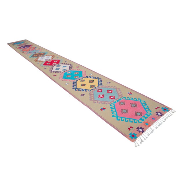 Handmade Silk Flatweave Turkish Kilim Stair Runner Rug Gallery Runner - 3′1″ X 25′2″ For Sale - Image 11 of 17