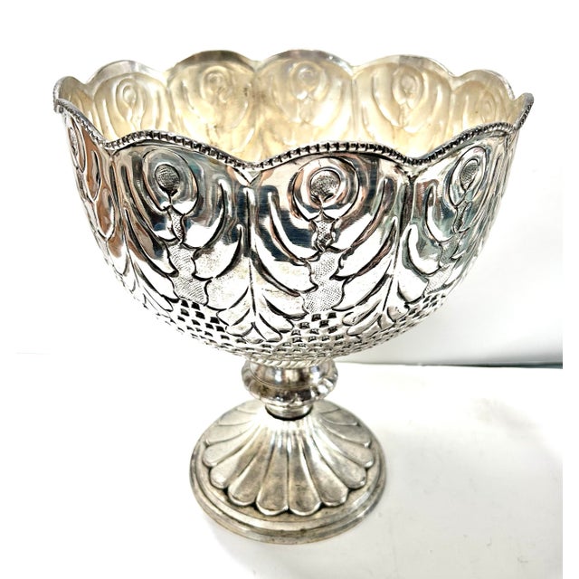 Art Nouveau 1960s Large Silver Plate Compote Fruit Bowl Embossed Repoussé Centerpiece Punch Bowl For Sale - Image 3 of 10