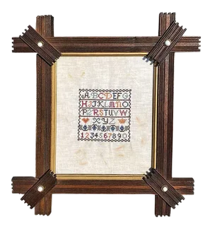 Tramp Art Antique Embroidered Needlepoint Sampler in Gothic Starburst Frame & Stone Beads