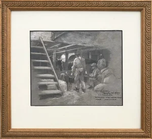 Original Vintage Drawing Illustration of Horses in a Barn Corwin Knapp Linson